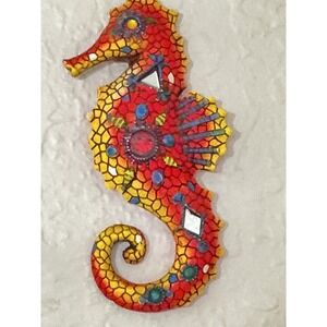 Colorful Mosaic Seahorse Wall Hanging Decor Red Orange Yellow 7 Inch Tropical